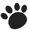 A simple, black silhouette of an animal paw print with four toes and a rounded pad on a white background—perfect for any Animal Hospital or Pet Clinic logo.