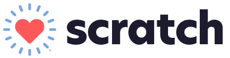 The image shows a red heart with blue lines radiating from it, next to the word "scratch" in bold, dark letters on a light background.
