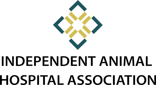 Logo of the Independent Animal Hospital Association featuring a geometric diamond pattern above the organization's name in bold black text on a white background.