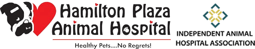Logo for Hamilton Plaza Animal Hospital with a red heart and pet illustration, plus text "Healthy Pets... No Regrets!" and the Independent Animal Hospital Association logo and name on the right.